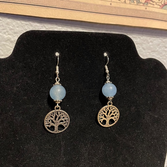 Silver Tree Of Life Carved Out With Light Blue Beaded Tiered Earrings - Picture 3 of 4